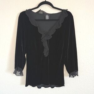 Y2K Womens Large‎ Black Velvet Silk Ruffle Whimsigoth Fairy Grunge Dark Romantic